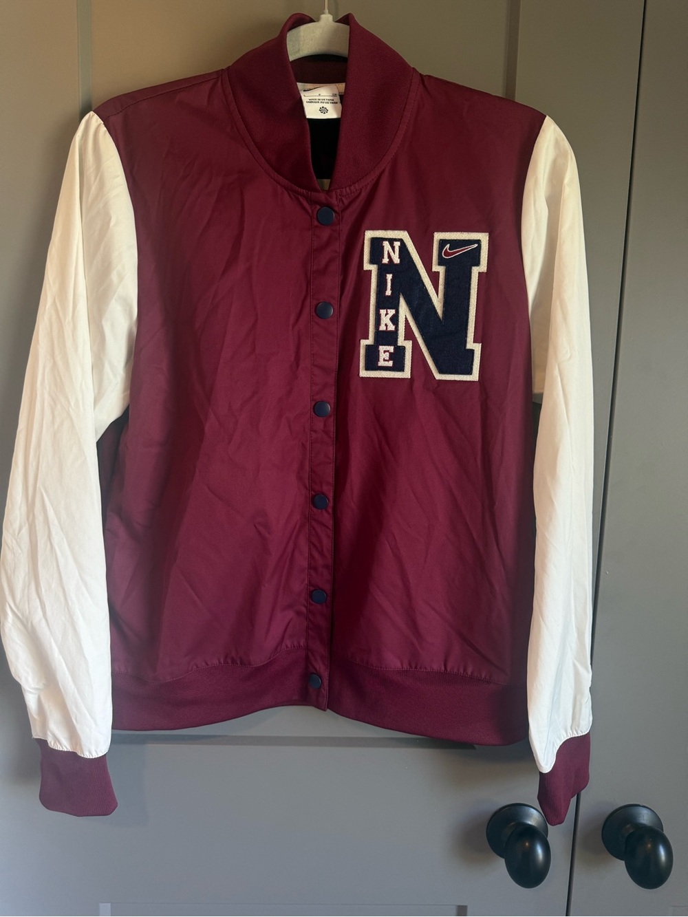 Nike Women's Retro Letterman Snap Varsity Jacket Maroon & White Size Small